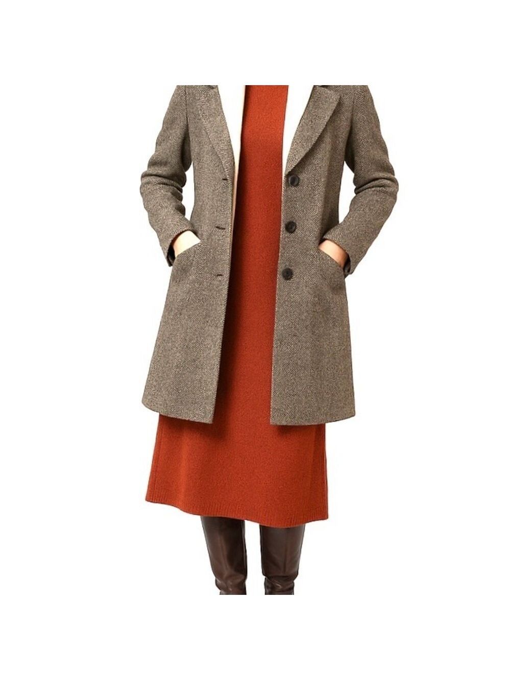 THEORY 100% Wool Tweed Peacoat Midi Length Coat Black White, Women’s Medium